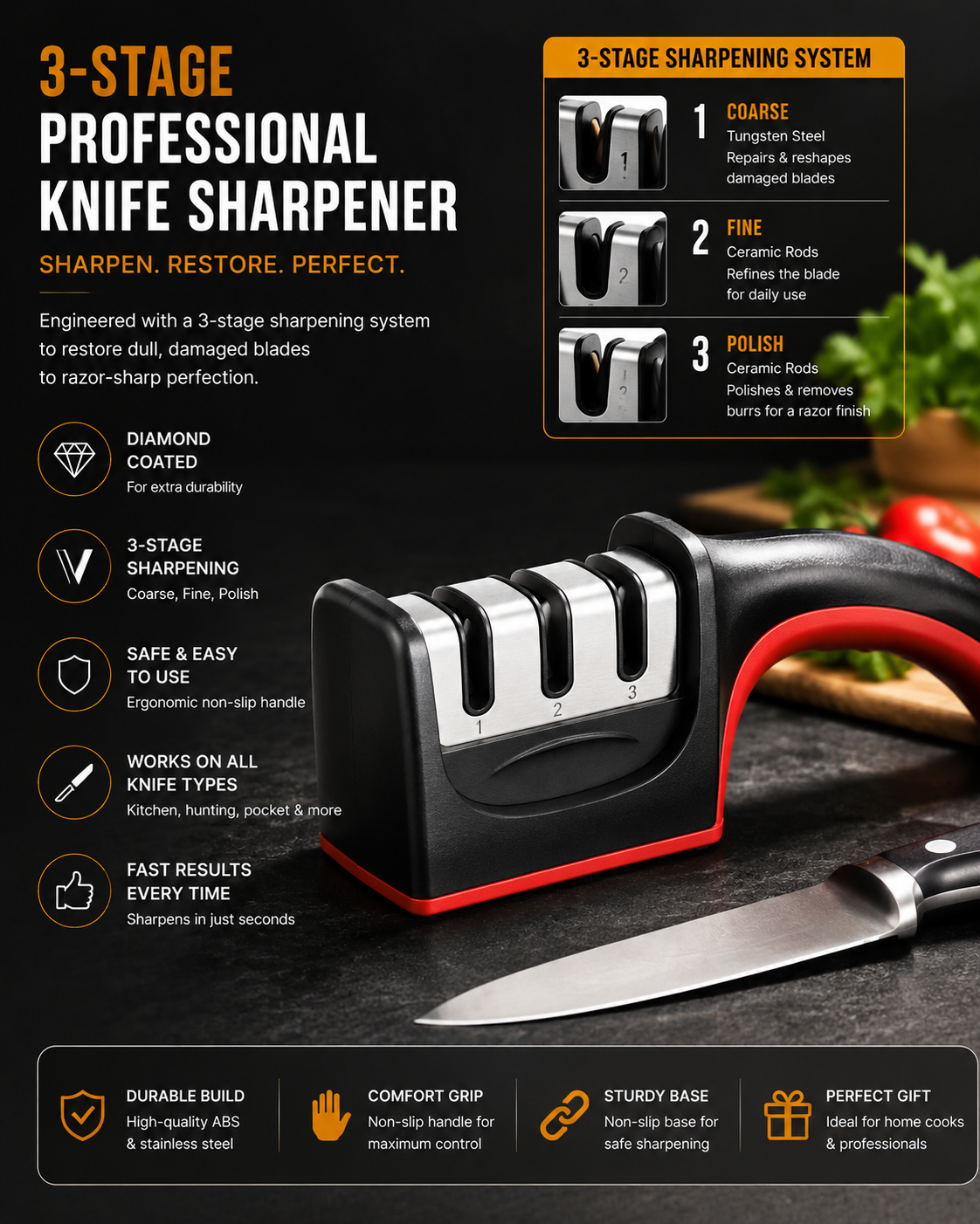 SharpEdge Pro™ 3-Stage Knife Sharpener | Professional Manual Kitchen Sharpening Tool